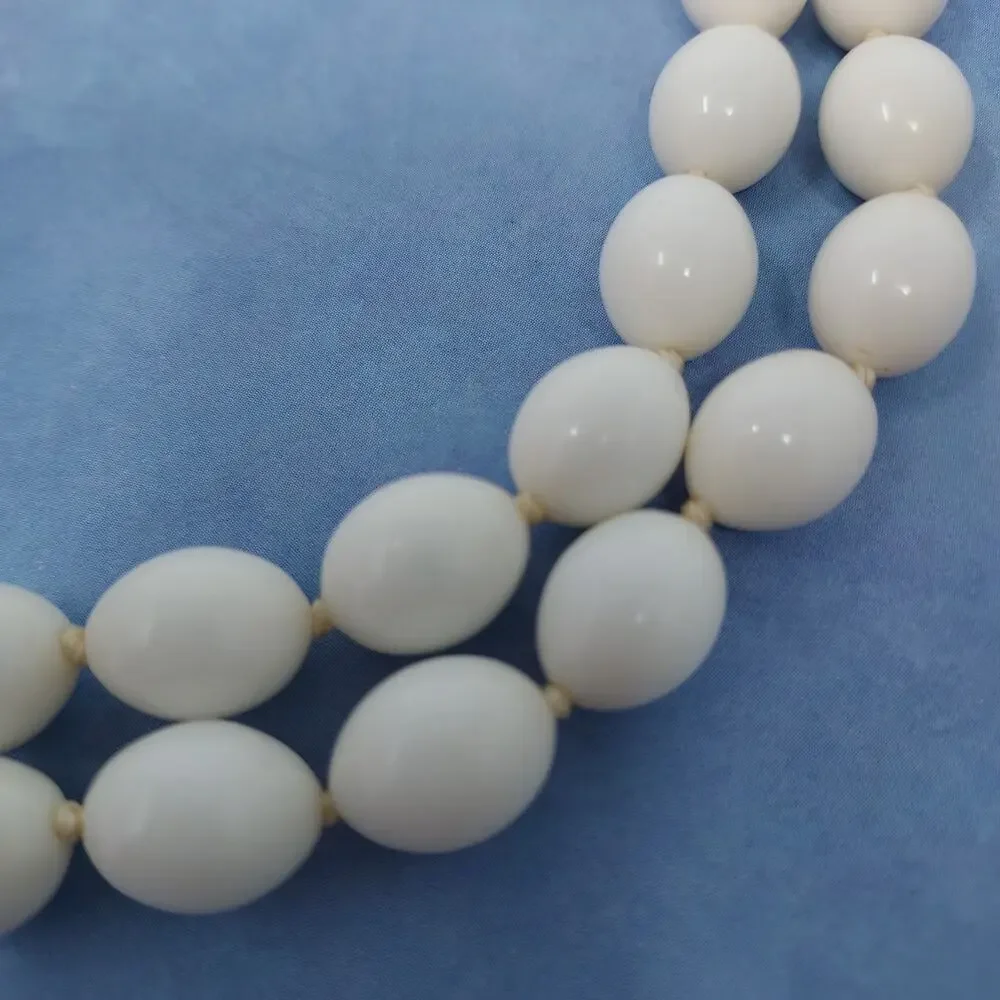 Vintage Trifari Hand Knotted 2 Strand White Beaded Necklace Enamel Clasp Signed